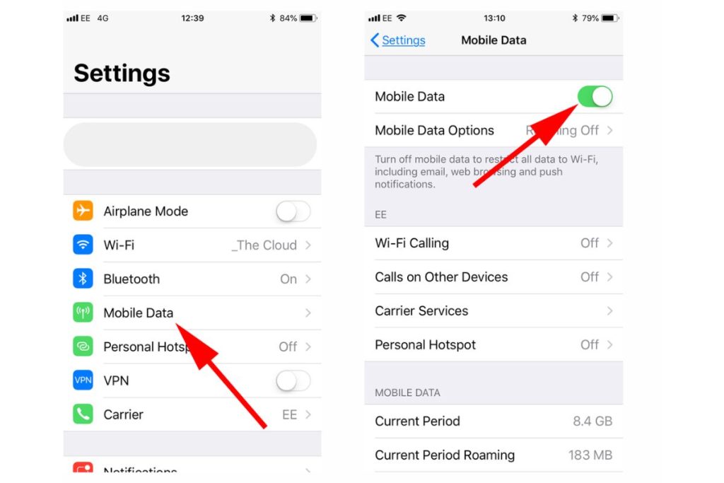 Go to Settings > Cellular or Mobile Network and ensure cellular/mobile data is switched on