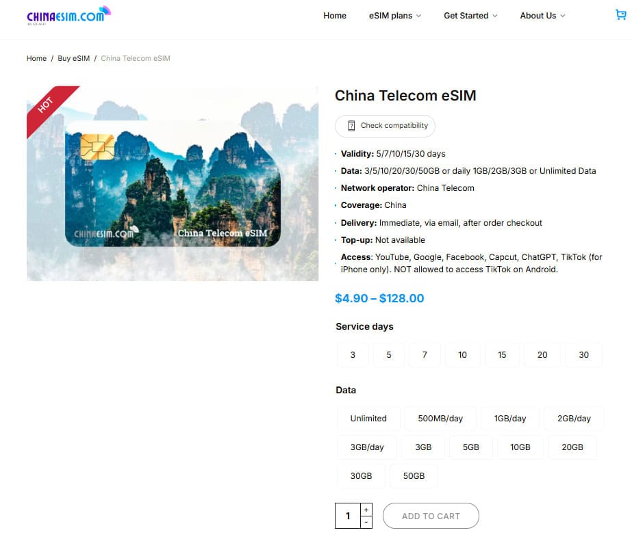 China Telecom eSIM on Chinaesim.com